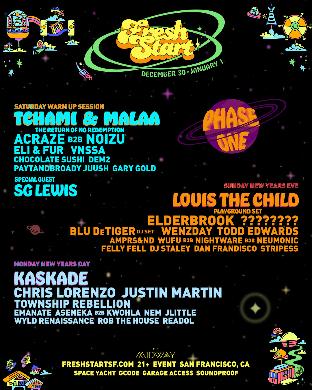 Fresh Start 2024 Phase one lineup. Tchami & Malaa, Acraze, Noizu, Louis the Child, Kaskade and more